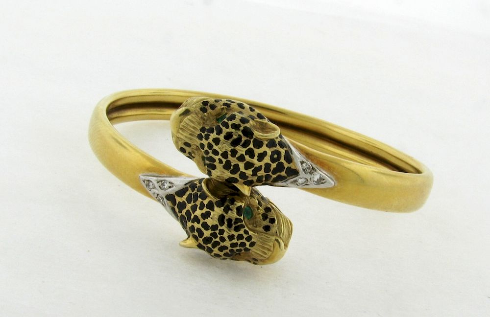 Appraisal: Vintage Double Leopard k Yellow Gold Diamond Enamel Bangle Vintage