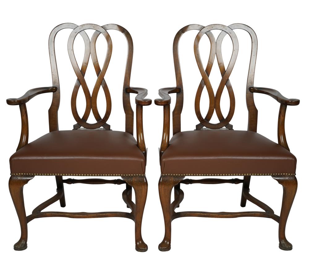 Appraisal: PAIR OF GEORGE III-STYLE MAHOGANY ARMCHAIRSeach with arched interlaced back