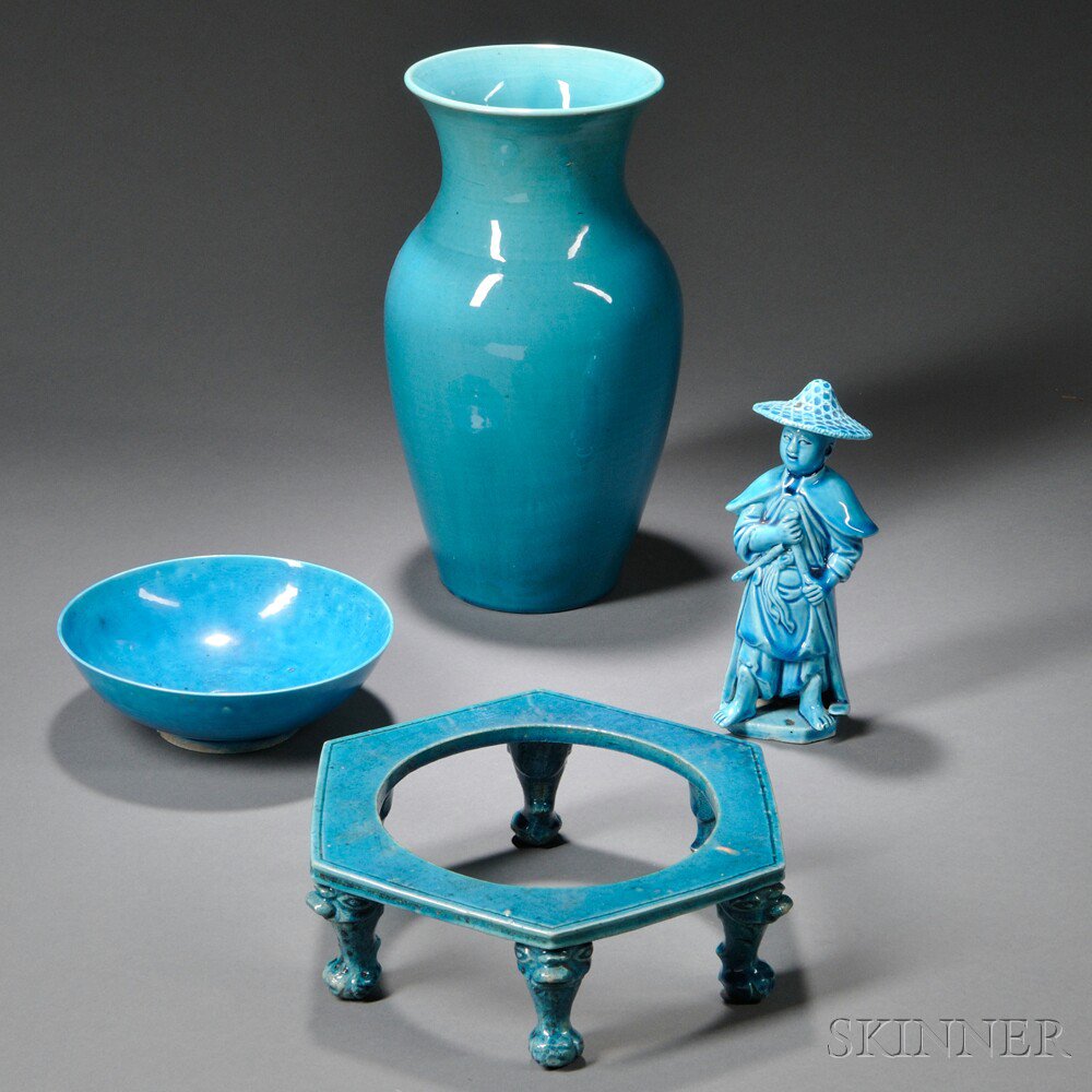 Appraisal: Four Turquoise-glazed Ceramic Items China a tall baluster vase a