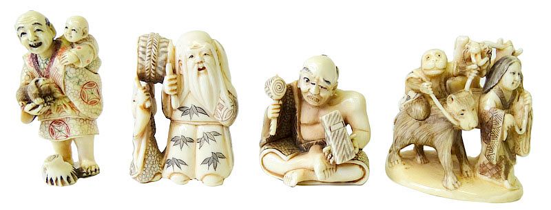 Appraisal: Four Chinese Carved Netsuke Groups Four Chinese Carved Ivory Netsuke