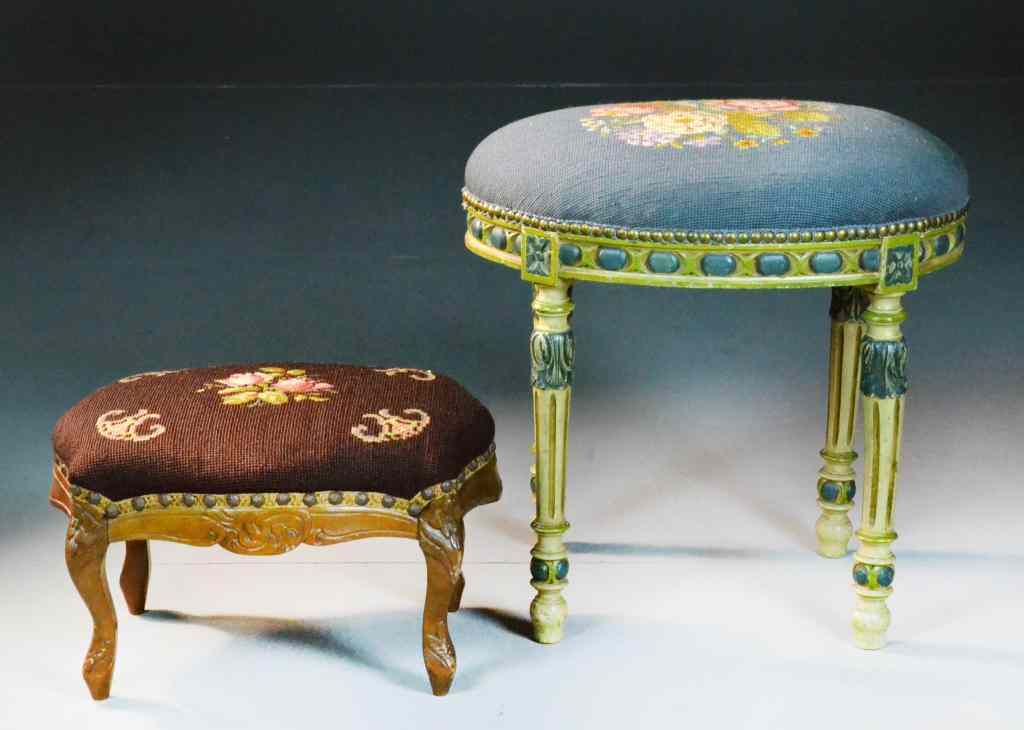 Appraisal: Needlepoint FootstoolsTo include a French Provencial style stool with floral