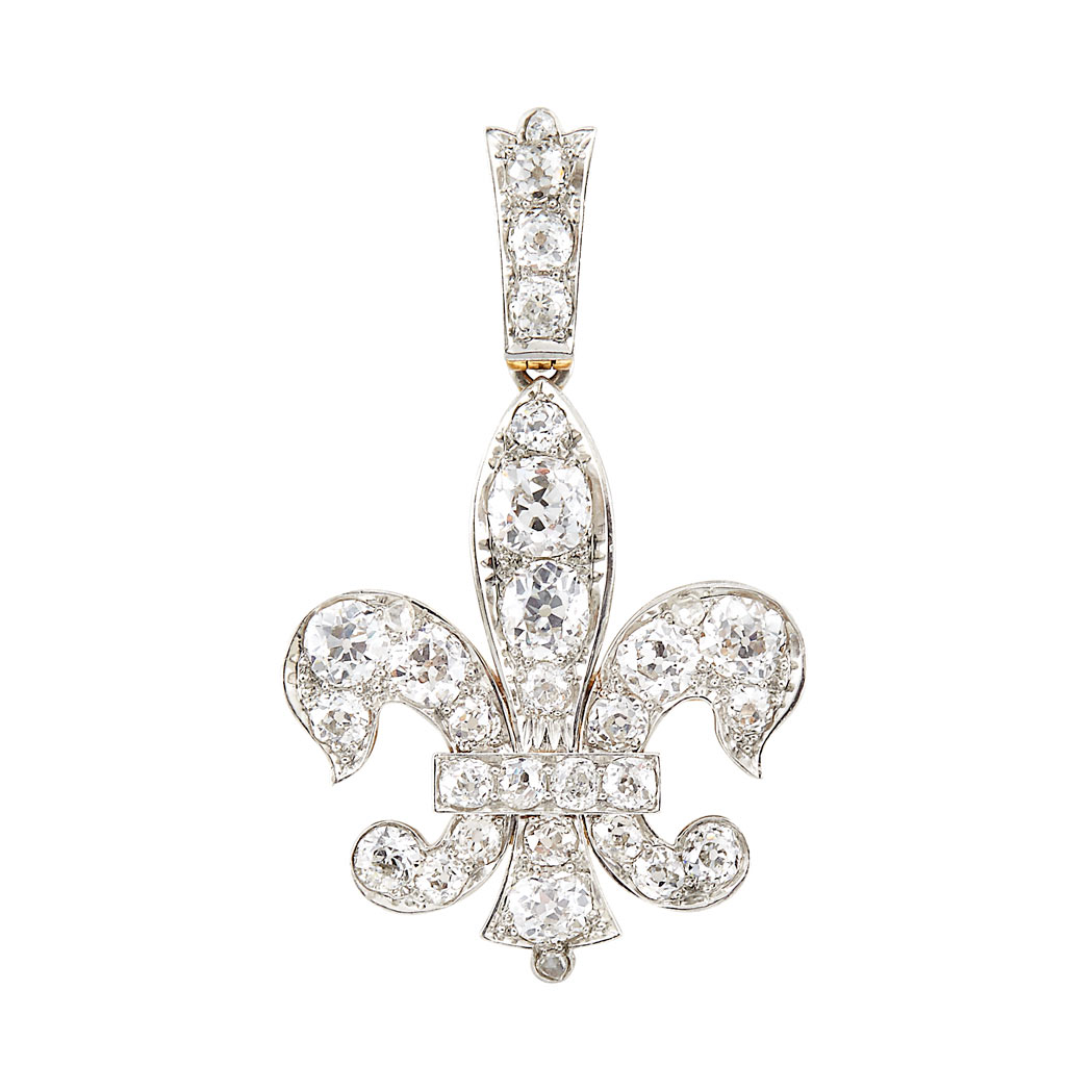 Appraisal: Antique Platinum Gold and Diamond Fleur-de-Lys Pendant-Brooch old-mine cut diamonds