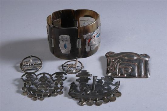 Appraisal: SIX PIECES PERUVIAN STERLING SILVER JEWELRY Two brooches with Incan