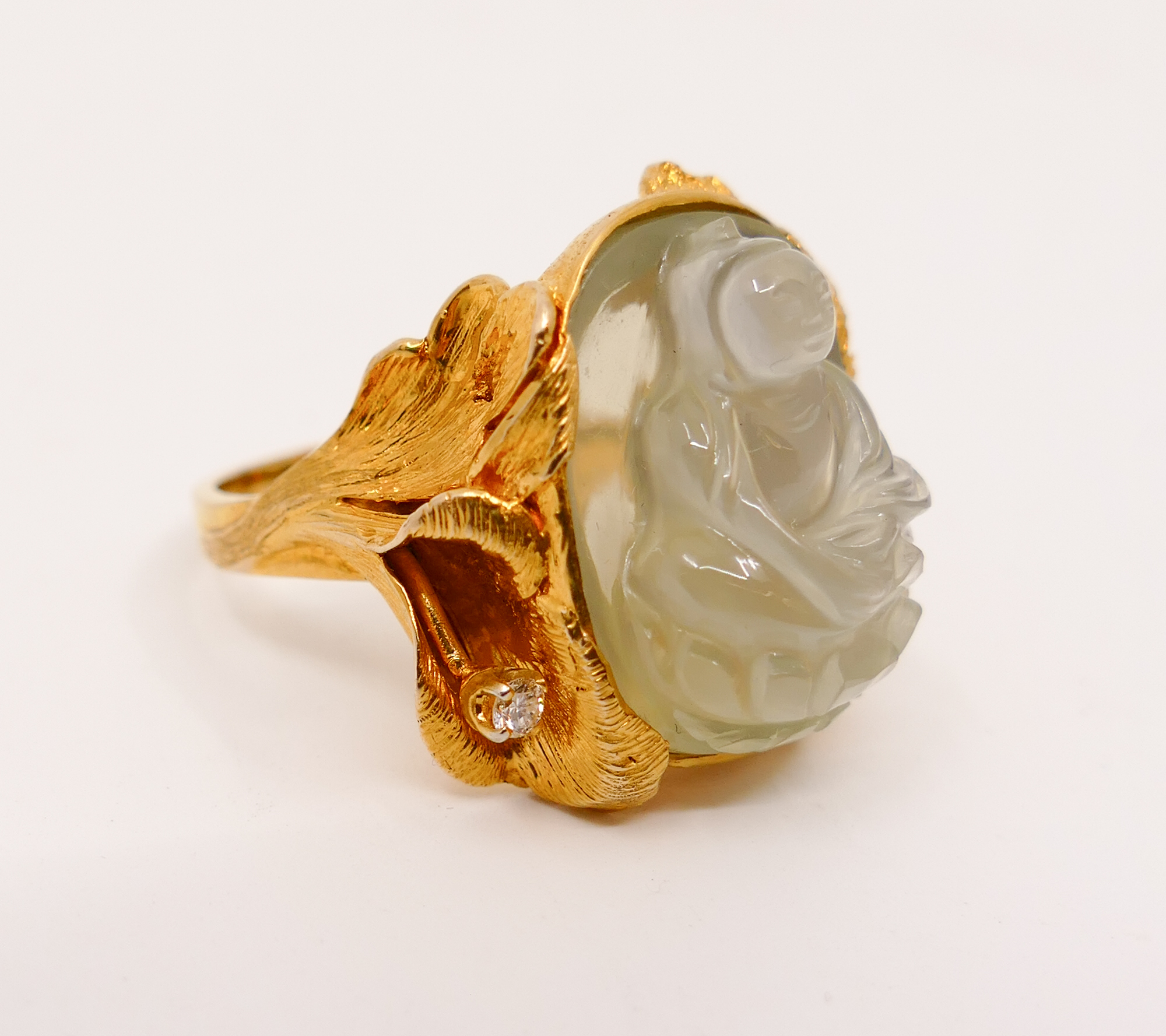 Appraisal: K Carved Green Moonstone Buddha Men's Ring size Carved iridescent