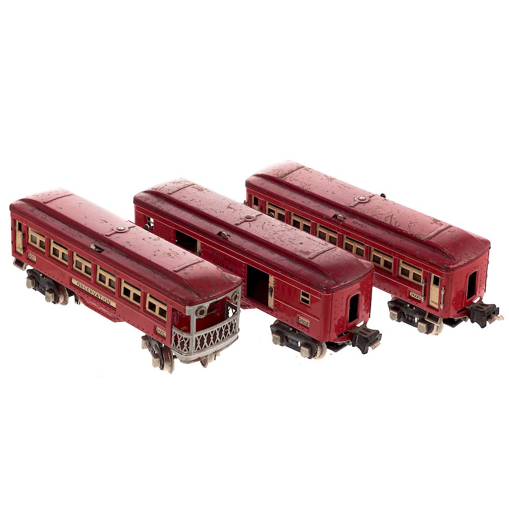 Appraisal: Three Lionel Red Passenger Cars Including Pullman car Observation car