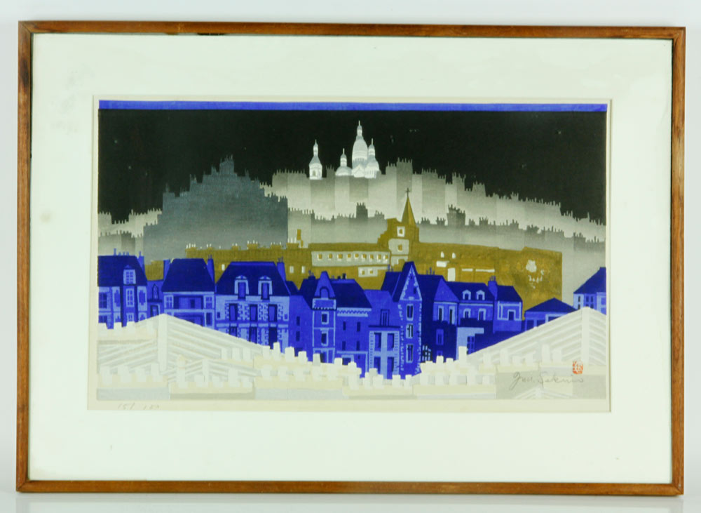 Appraisal: - Junichiro Rooftops Block Print Sekino Junichiro Japanese - blue