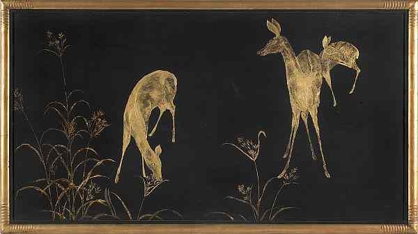 Appraisal: French lacquer and gilt panel depicting deer in a landscape