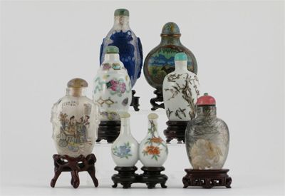 Appraisal: Seven Chinese snuff bottles and stands three porcelain two glass