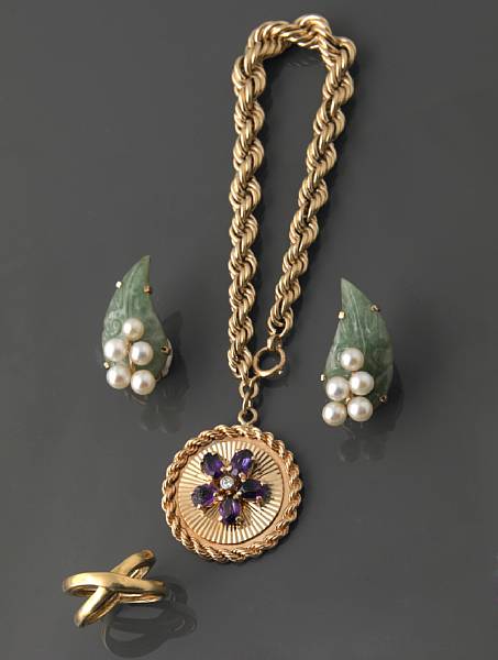 Appraisal: A collection of stone cultured pearl and gold jewelry comprising