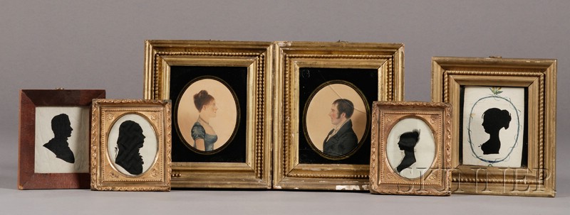 Appraisal: Four Framed Silhouettes and a Pair of Portrait Miniatures America