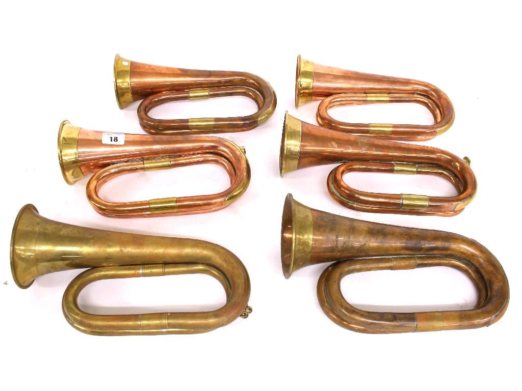 Appraisal: Six various copper and brass mounted bugles