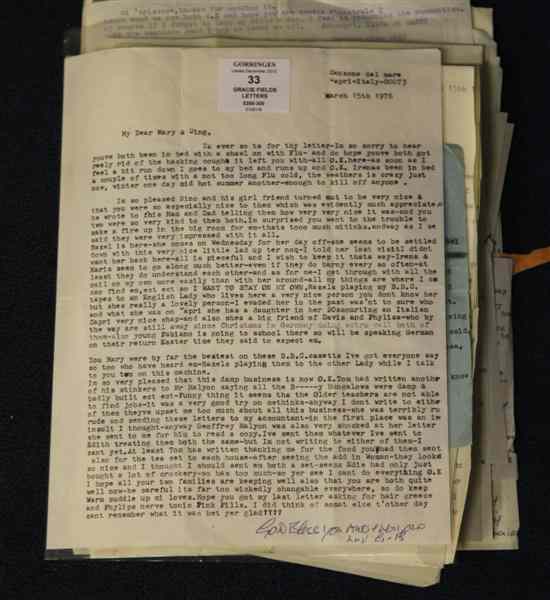 Appraisal: GRACIE FIELDS A collection of twenty nine personal letters from