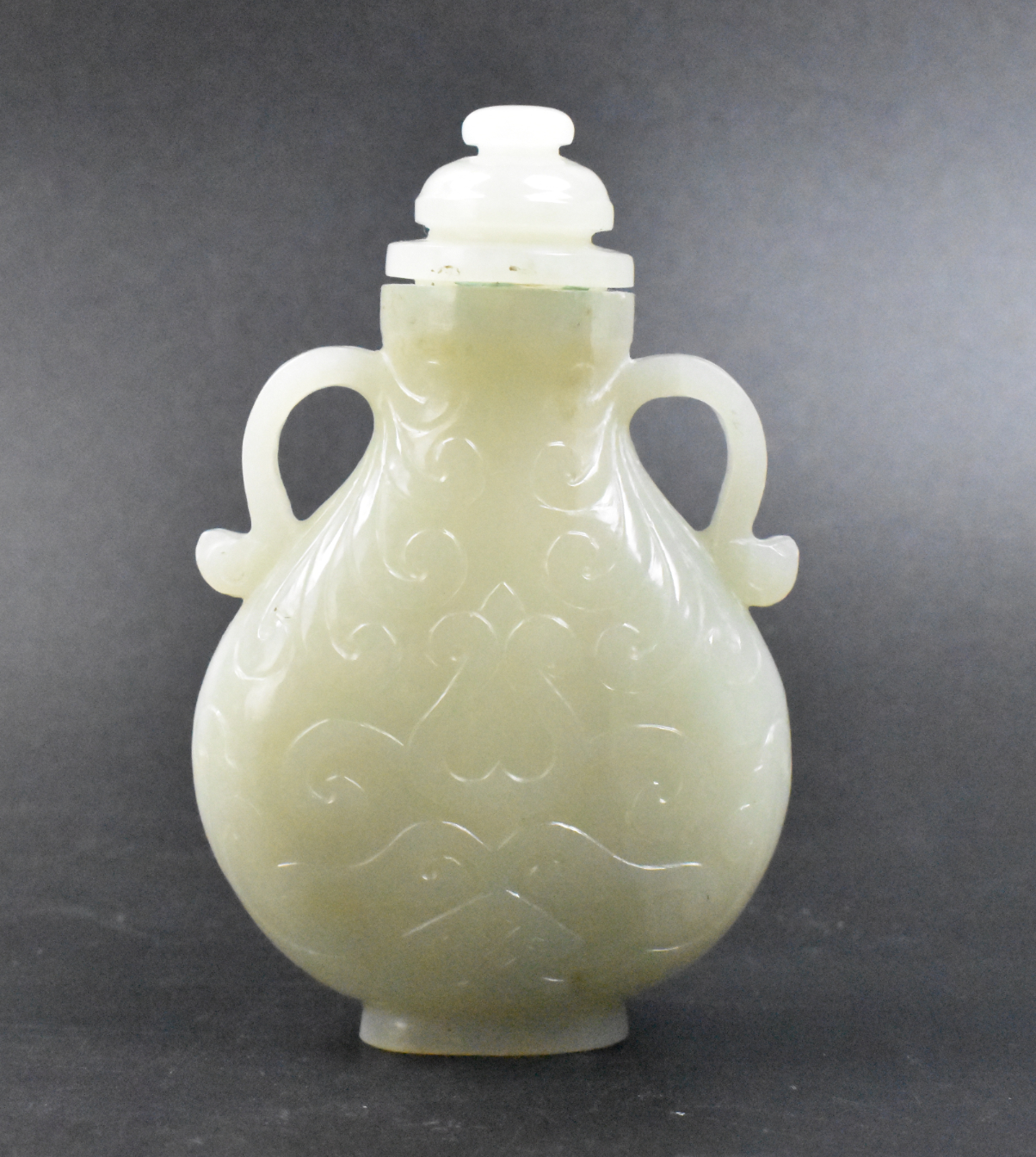 Appraisal: Chinese white jade carved vase and cover of flatten oval