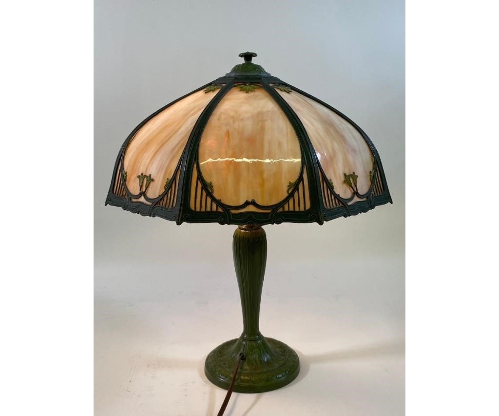 Appraisal: Slag glass table lamp with green metal base h oa