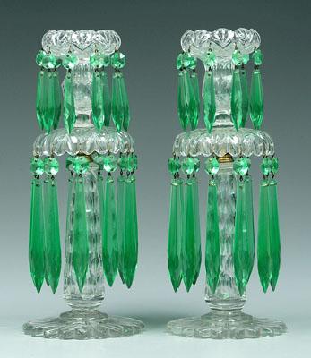 Appraisal: Pair cut glass lusters hung with green glass prisms in