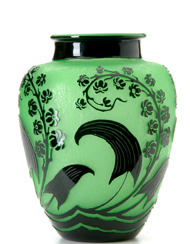 Appraisal: STEUBEN Acid cutback vase with black stylized foliate design cut