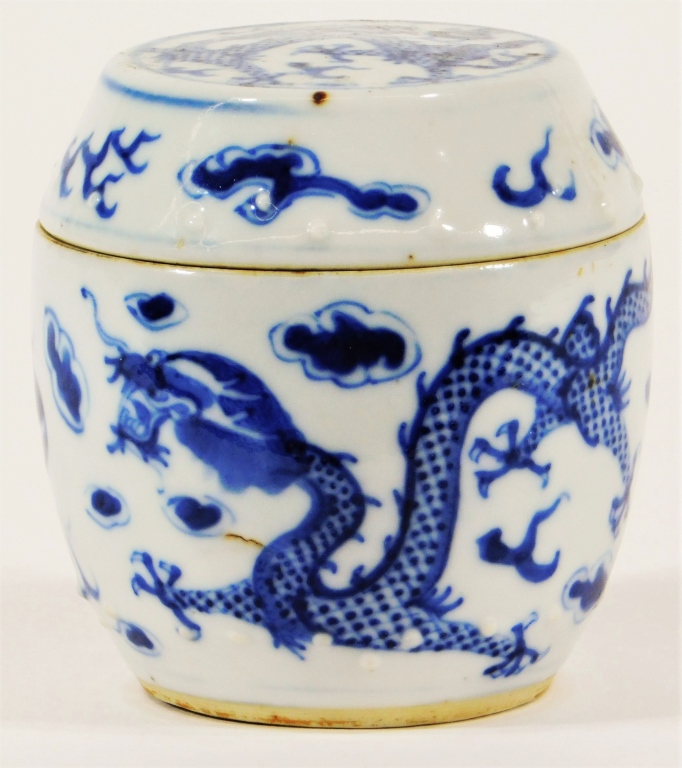 Appraisal: CHINESE BLUE WHITE PORCELAIN DRAGON TEA CADDY China th- th