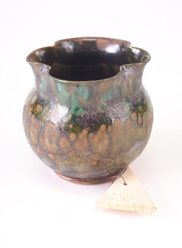 Appraisal: GEORGE OHR Bulbous vase with lobed rim covered in turquoise