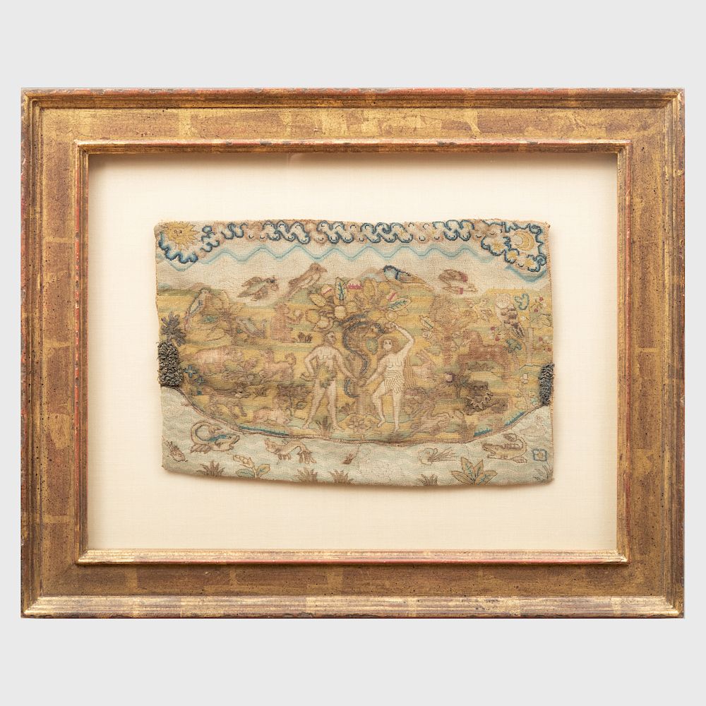 Appraisal: Charles II Needlework Panel Depicting Adam and Eve Probably from