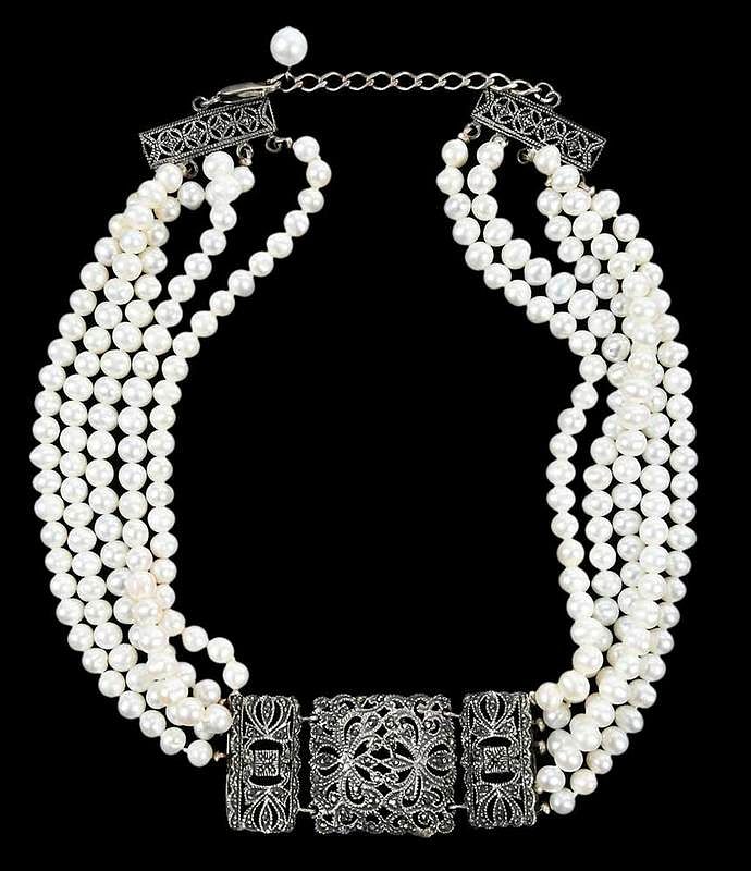 Appraisal: Silver Pearl Marcasite Necklace five strands oblong irregular shaped cultured