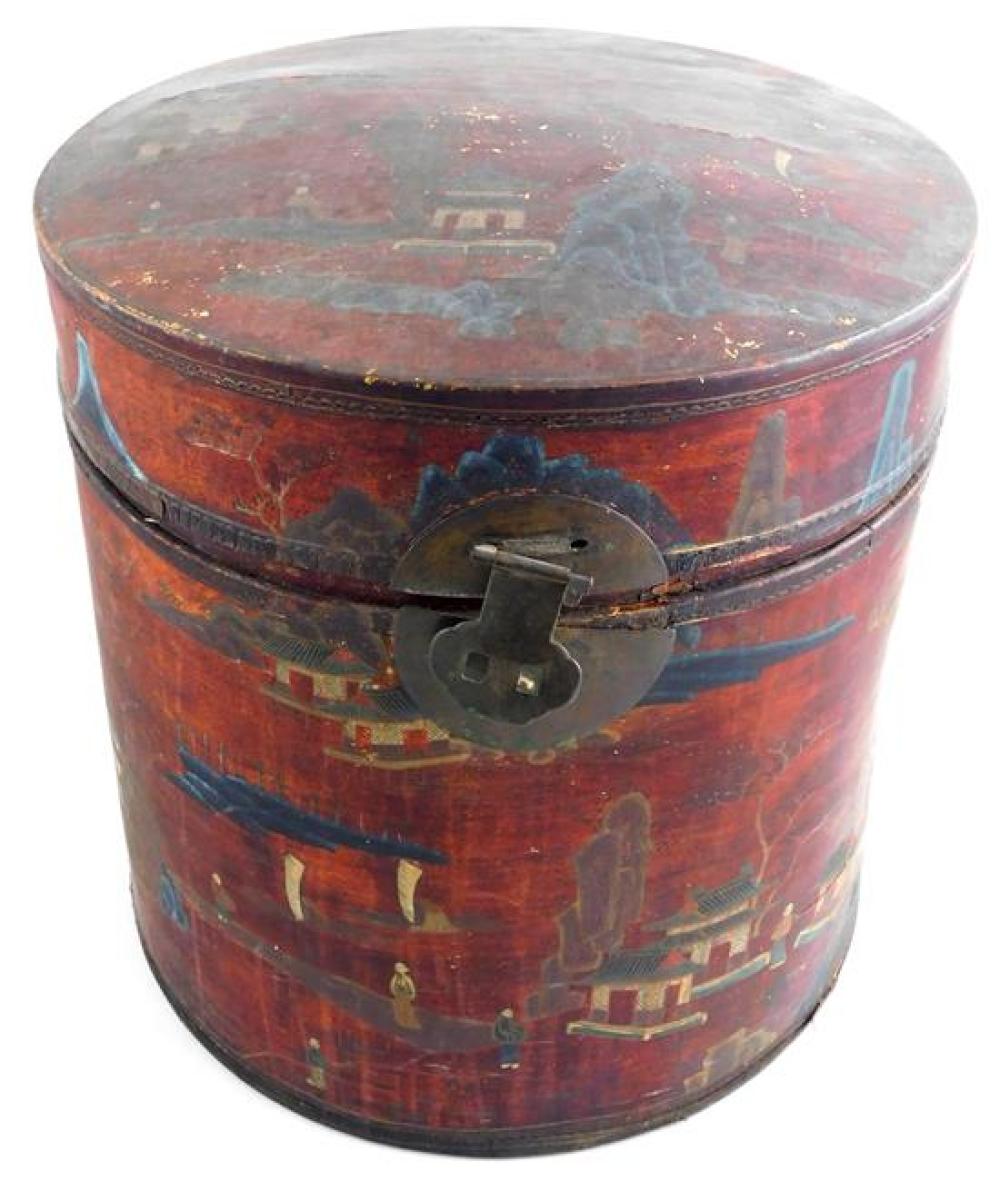 Appraisal: ASIAN Chinese hat box hand-painted decoration of figures and landscape