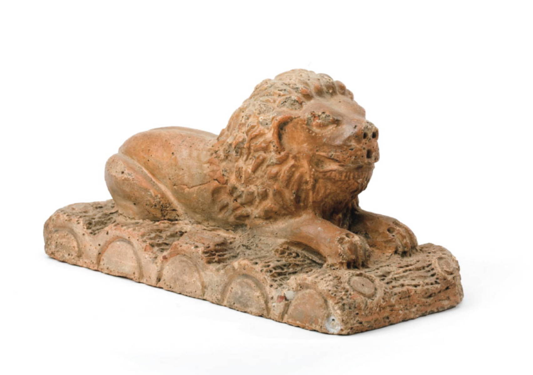 Appraisal: AMERICAN OR ENGLISH EARTHENWARE FIGURE OF A LION MODELED RECUMBENT