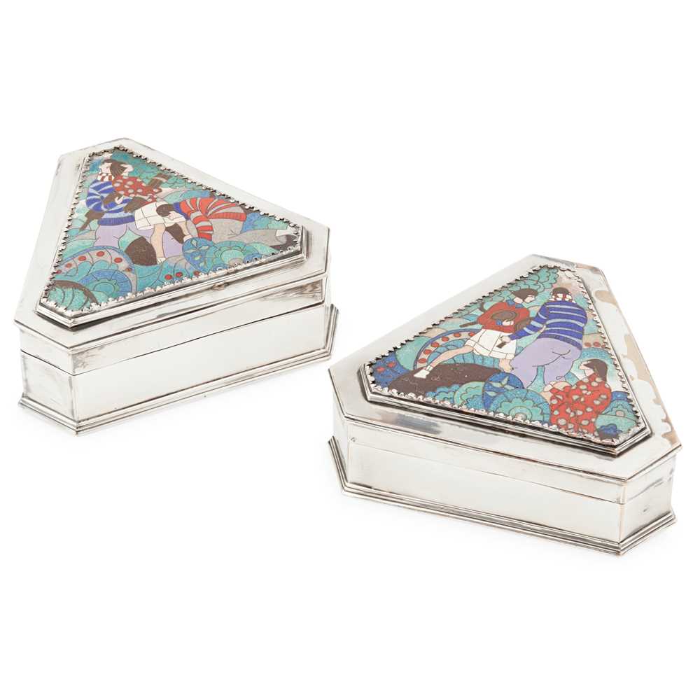 Appraisal: ENGLISH PAIR OF ART DECO 'SPORTING' COVERED TRINKET BOXES CIRCA