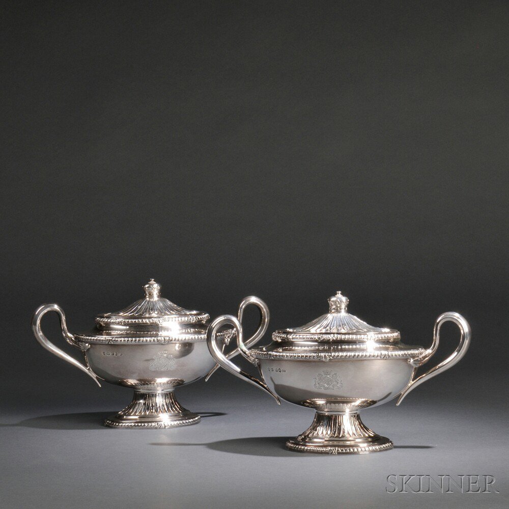 Appraisal: Pair of George III-style Sterling Silver Sauce Tureens and Covers