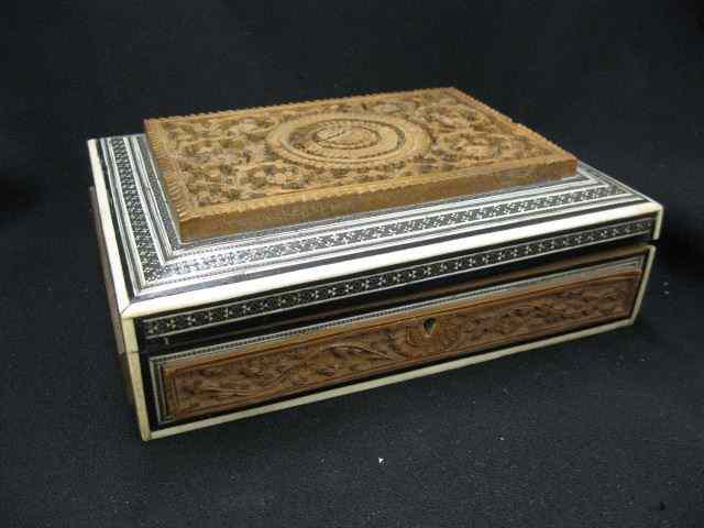 Appraisal: Carved Inlaid Wooden Box bone abalone trim '' x ''