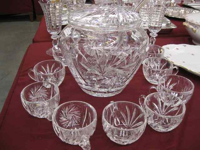 Appraisal: Cut Crystal Punch Set covered bowl ladle and cups excellent