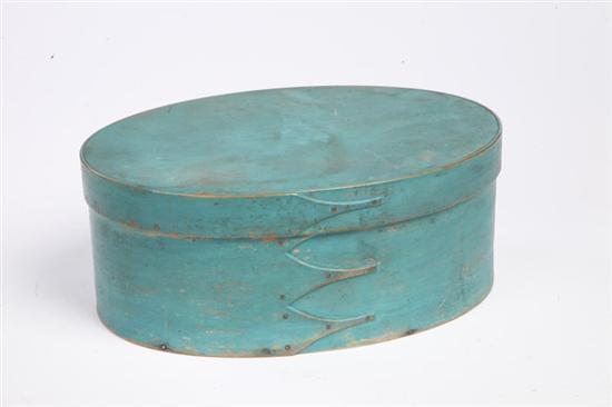 Appraisal: PAINTED SHAKER BOX Late th century bentwood Three swallowtail finger