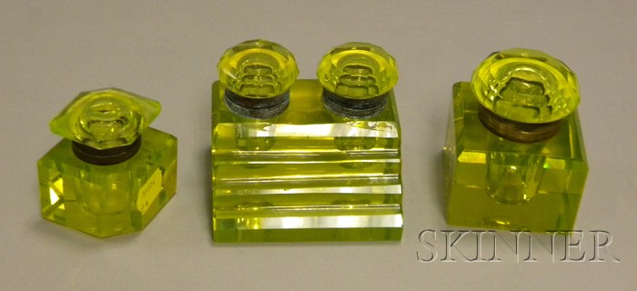 Appraisal: Two Victorian Vaseline Cut Glass Inkwells and an Inkstand