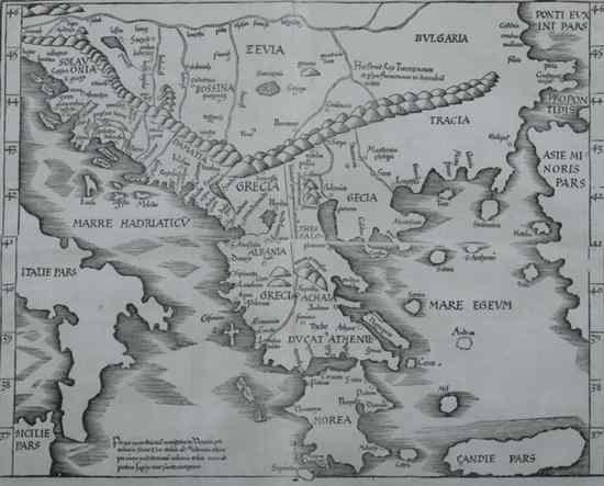 Appraisal: MUNSTER GRECIA PER YOC MARE ADRIANTIAI circa Double-page woodcut map