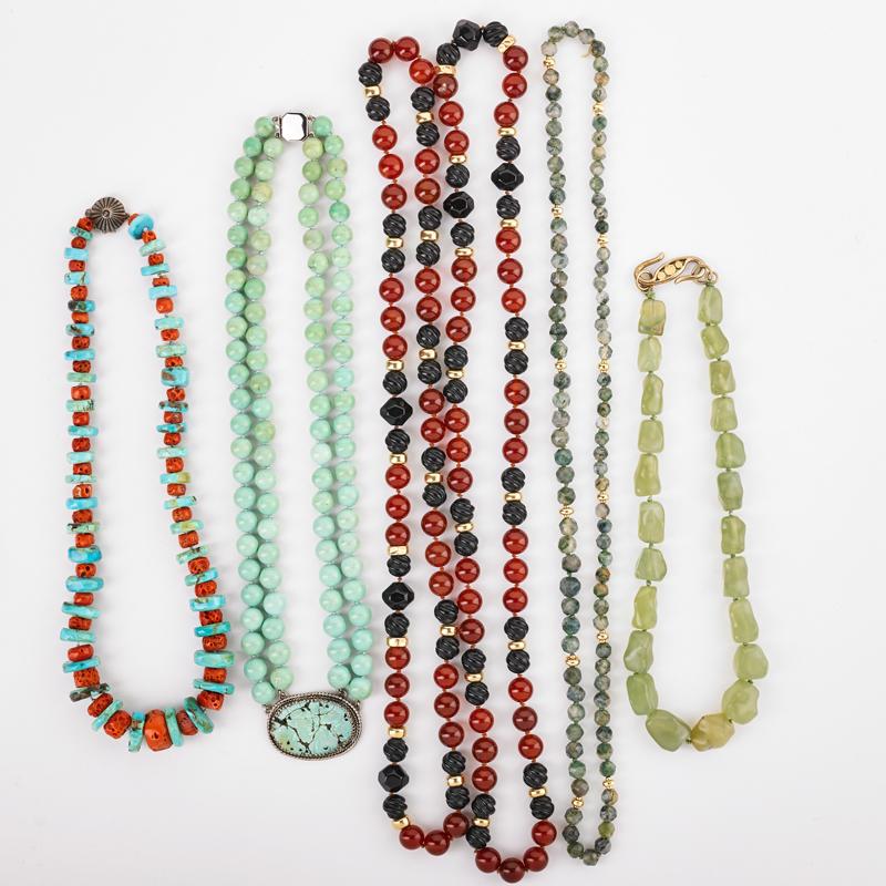 Appraisal: SIX HARDSTONE GLASS CORAL OR GOLD BEAD NECKLACES Stylized turquoise