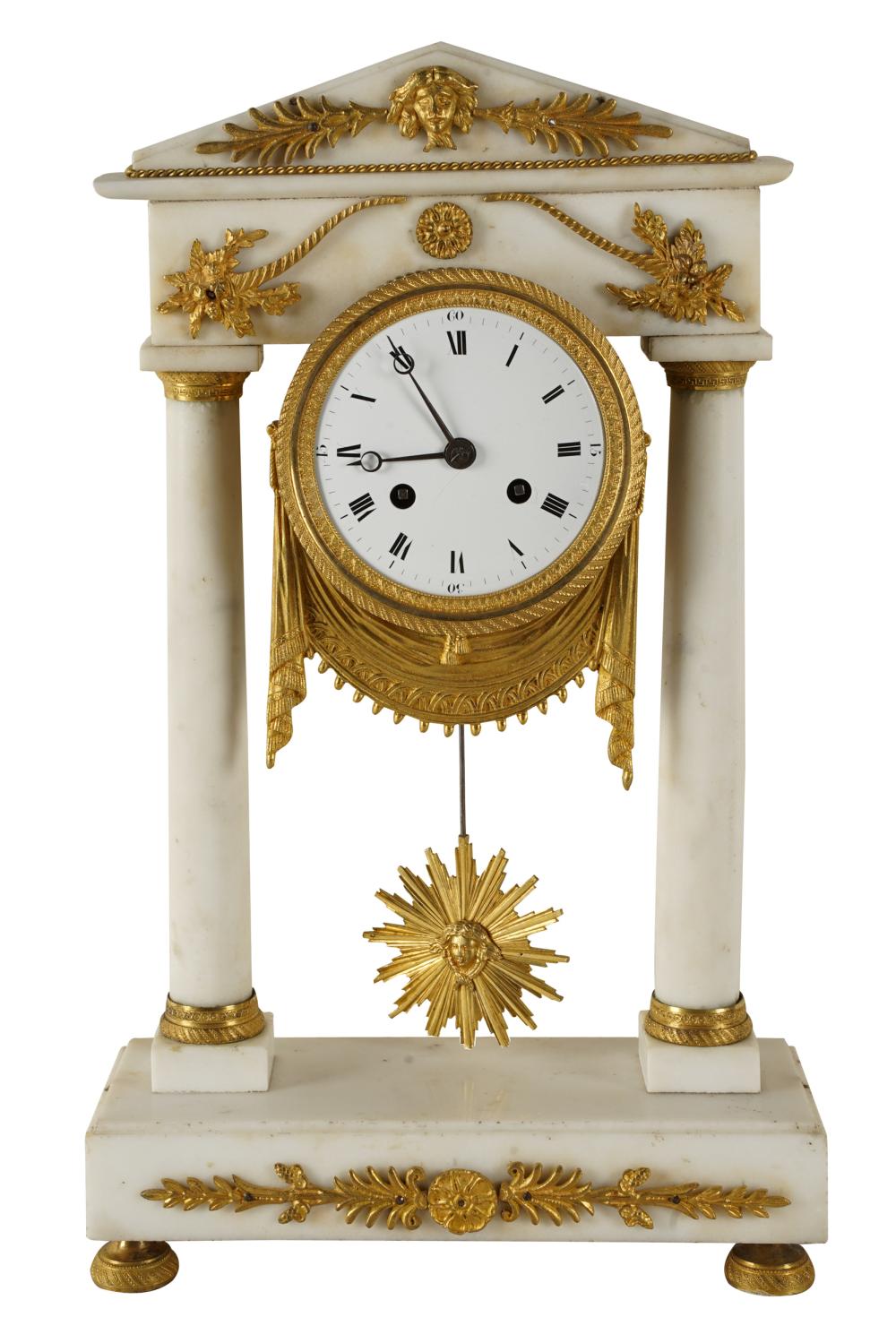 Appraisal: EMPIRE-STYLE MARBLE GILT METAL MANTEL CLOCKthe white enamel dial suspended