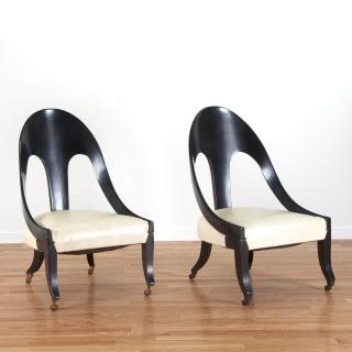 Appraisal: Pair Hollywood Regency spoon-back chairs Mid th c black lacquered