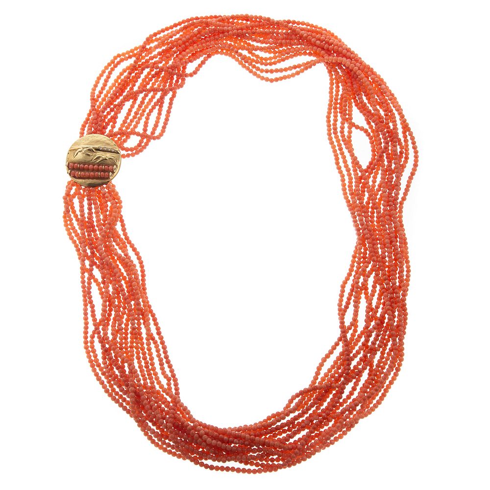 Appraisal: A Coral Necklace with Decorative K Disc Clasp Fifteen strand