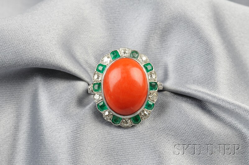 Appraisal: Platinum Coral Emerald and Diamond Ring bezel-set with a coral