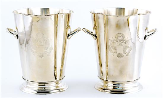 Appraisal: Pair silverplate champagne pails lobed tapering body engraved with American