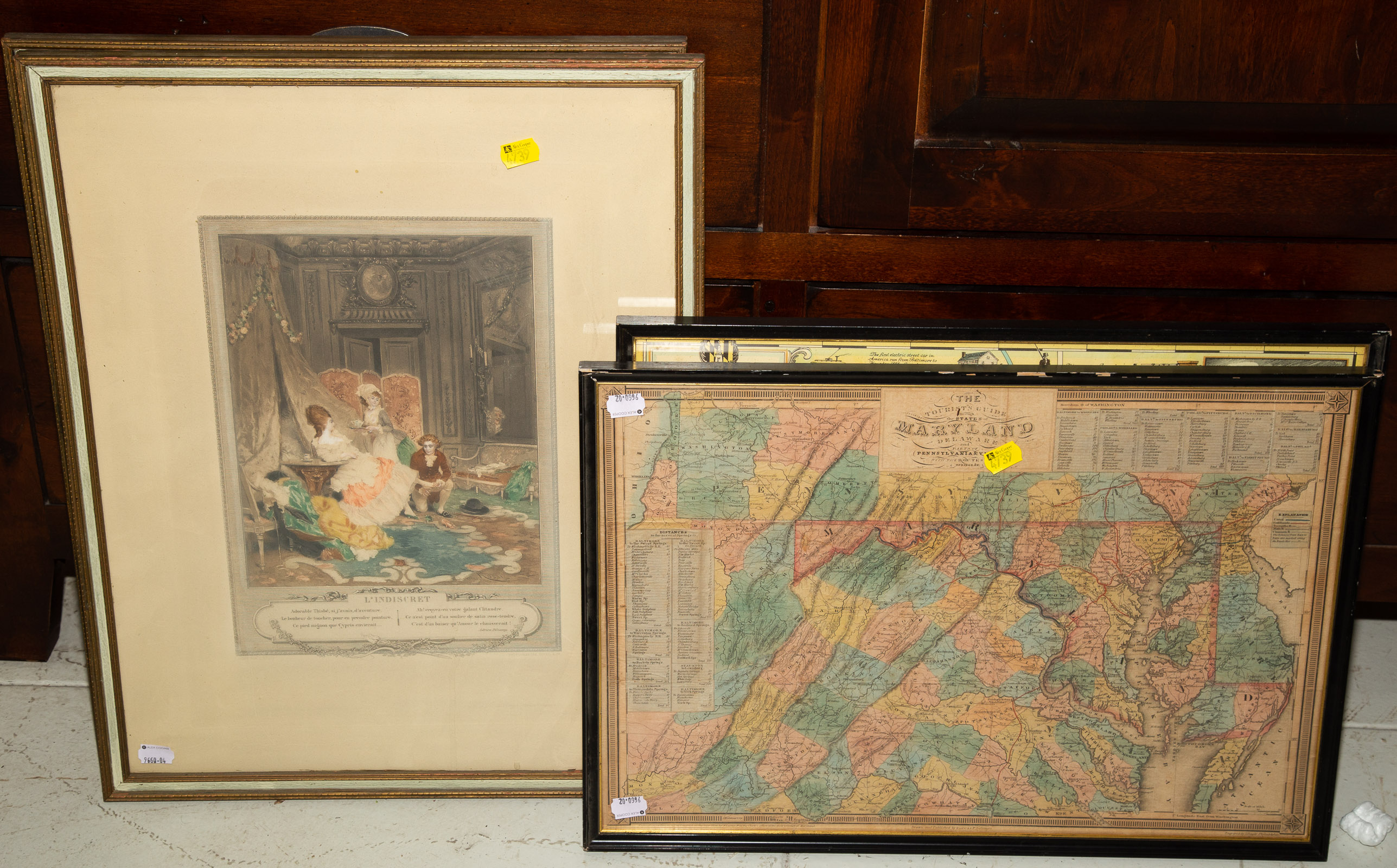 Appraisal: FOUR FRAMED PRINTS Includes colored map of Maryland Delaware Pennsylvania