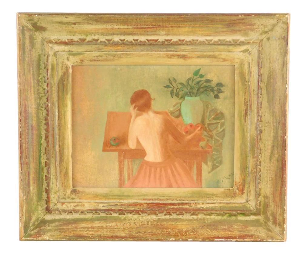 Appraisal: th C oil on beeswax coated canvas a woman in