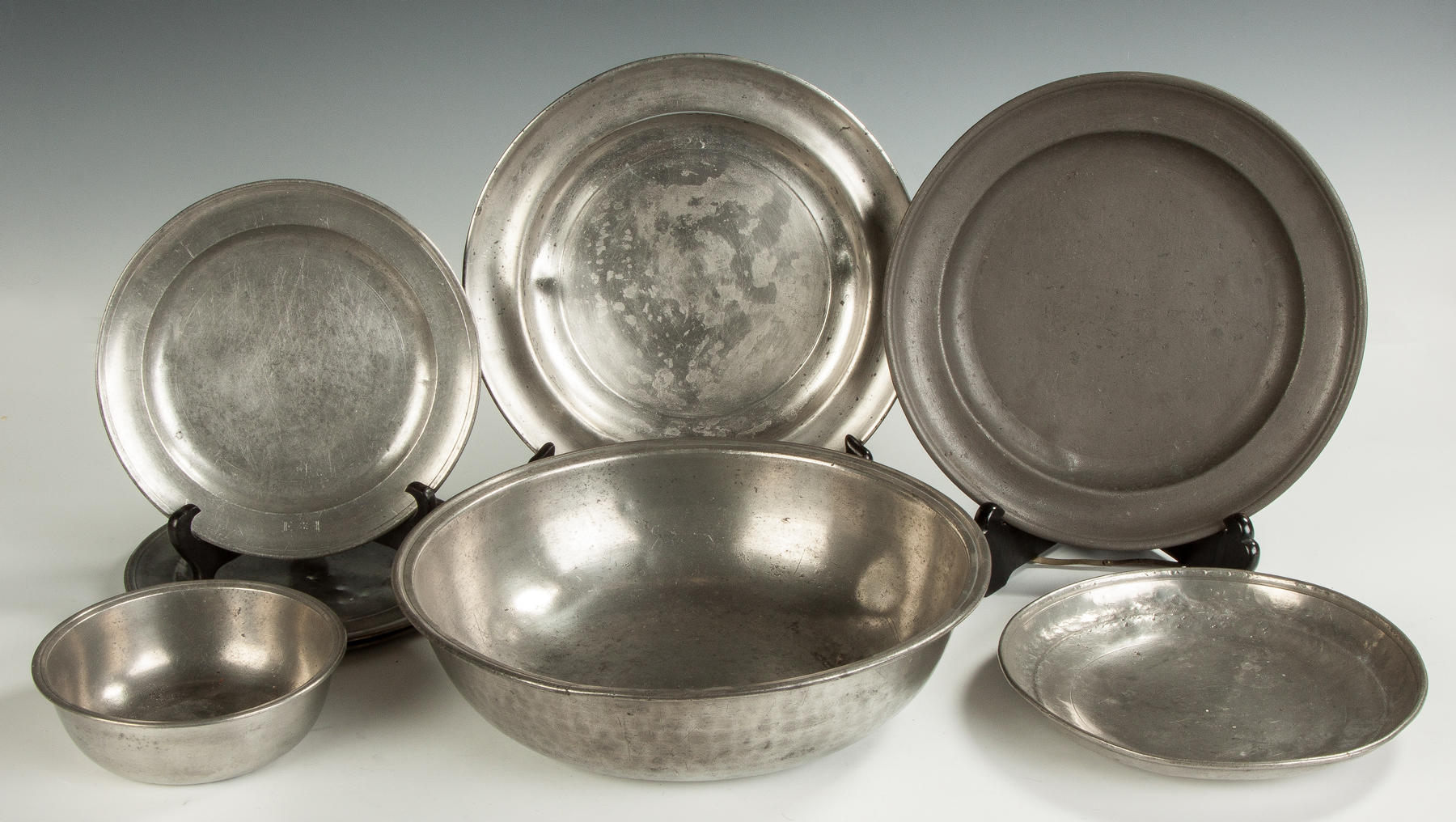 Appraisal: Group of Pewter Trays and Bowls th cent Some sgn