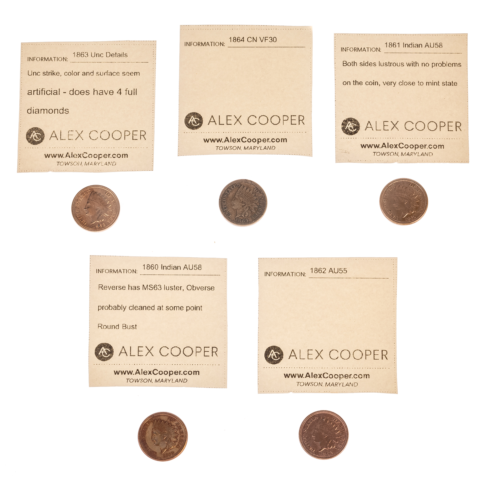 Appraisal: FIVE COPPER NICKEL INDIANS - NICE Round Bust - AU