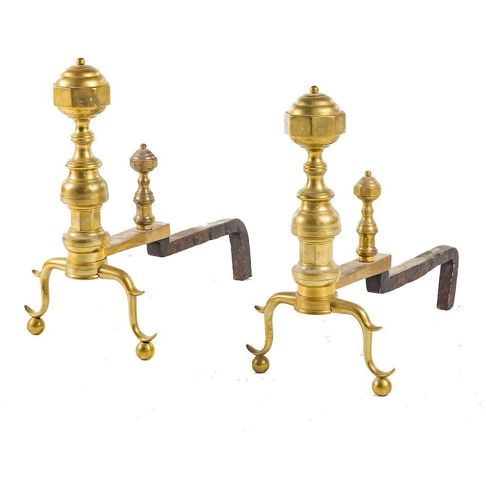 Appraisal: Pair Federal style brass andirons th century square octagonal tops