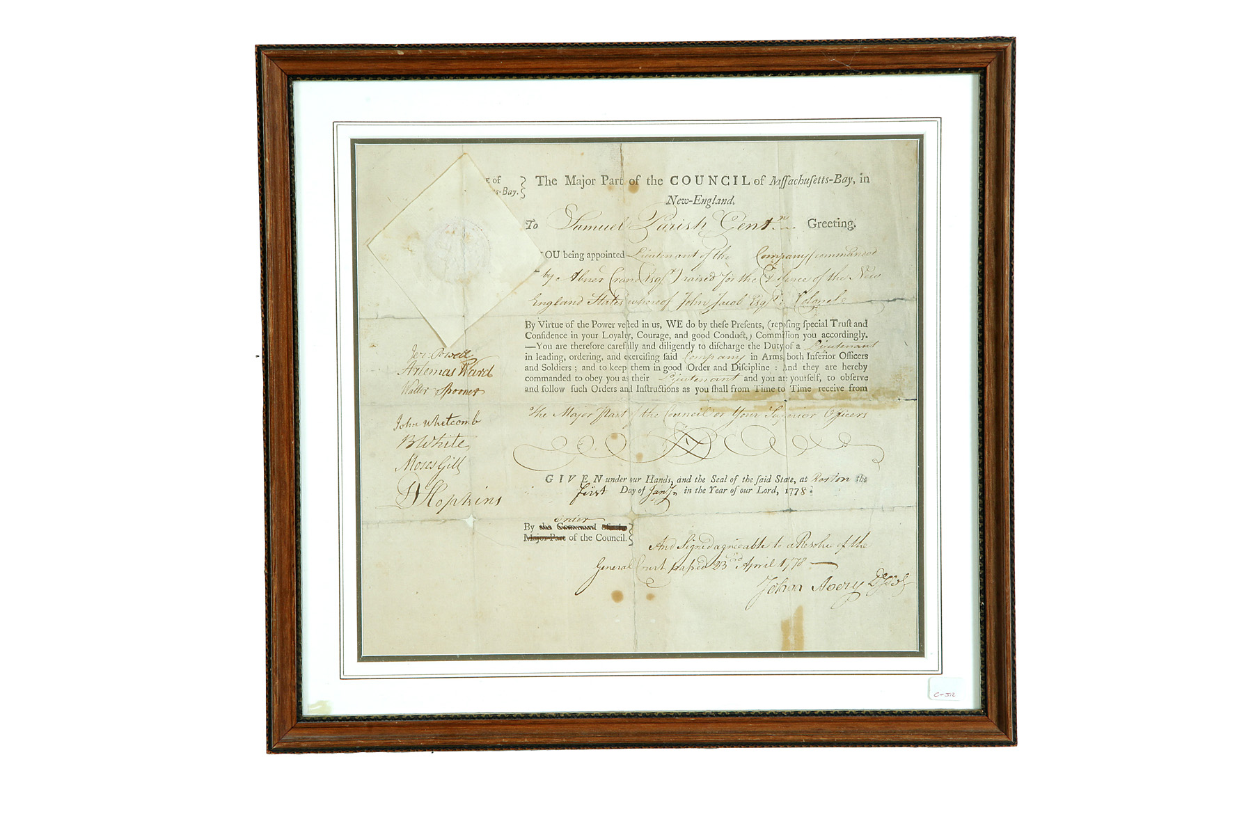 Appraisal: CONTINENTAL ARMY APPOINTMENT COLONY OF MASSACHUSETTS January and April Appointing