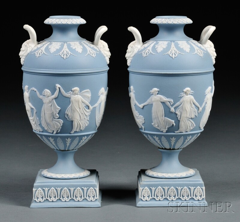 Appraisal: Pair of Wedgwood Solid Light Blue Jasper Dancing Hours Vases