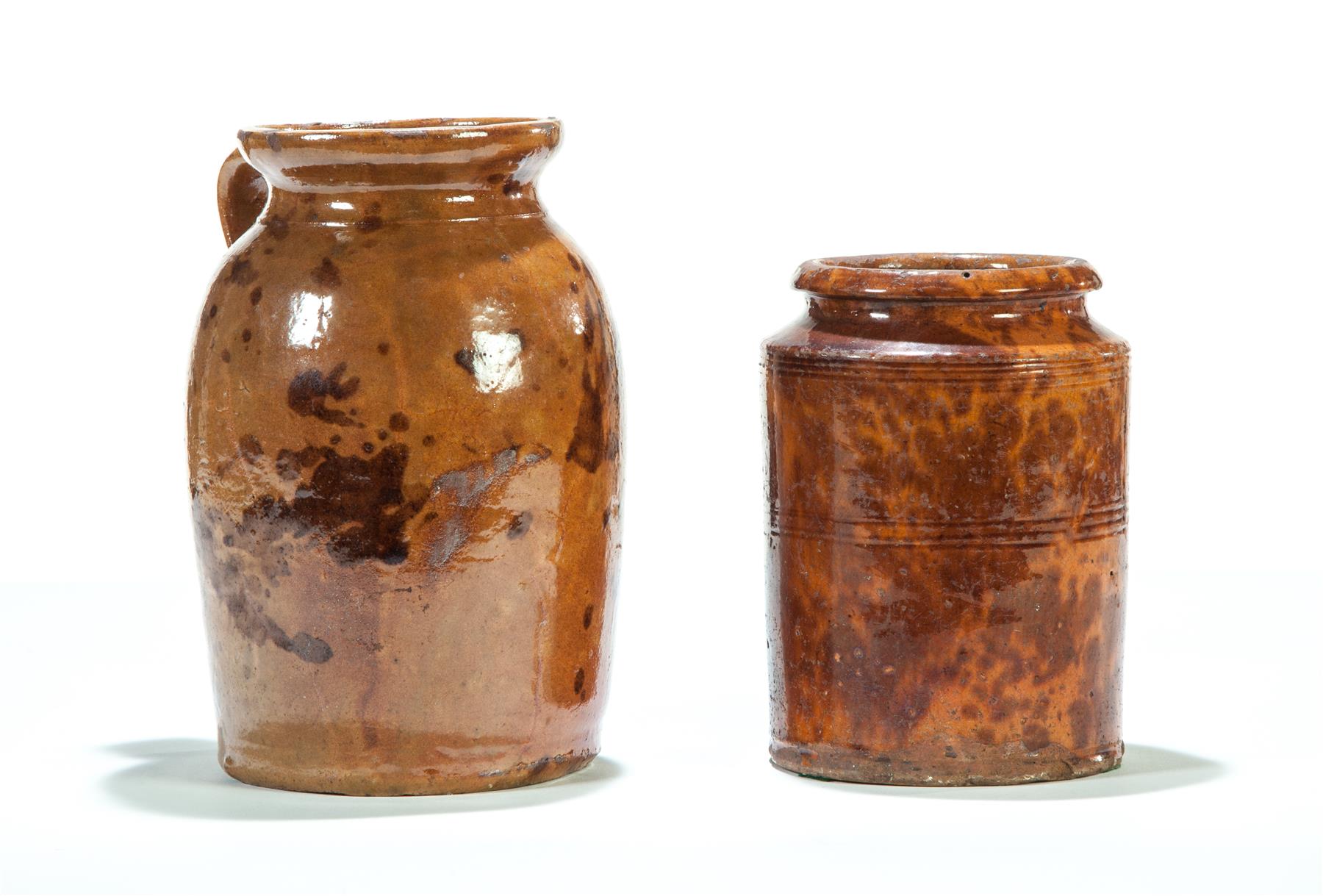 Appraisal: TWO NEW ENGLAND REDWARE JARS Nineteenth century Incised lines and