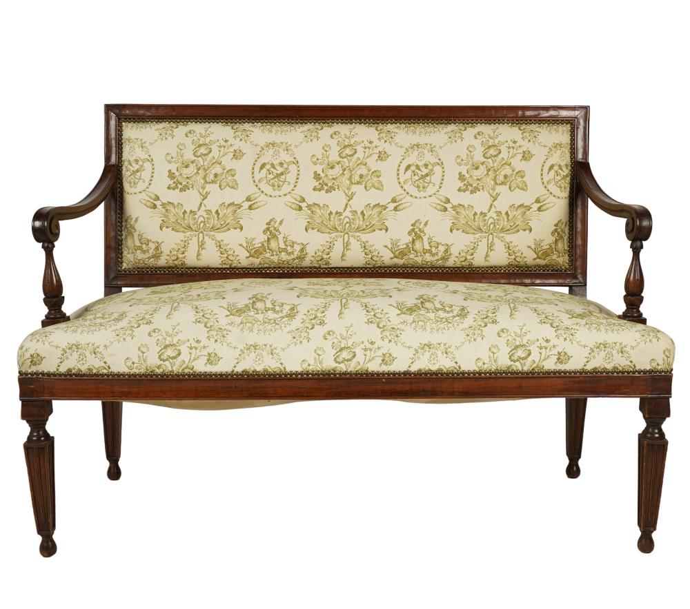 Appraisal: FRENCH MAHOGANY SETTEEcovered with green and cream-colored fabric Condition right