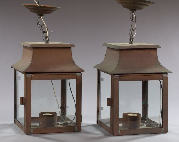 Appraisal: Pair of Colonial-Style Copper Outdoor Hanging Lanterns each with a