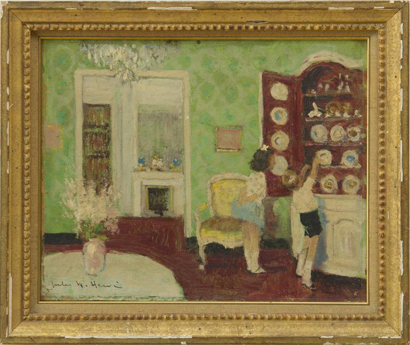 Appraisal: JULES R HENRI TWO CHILDREN IN AN INTERIOR Oil on